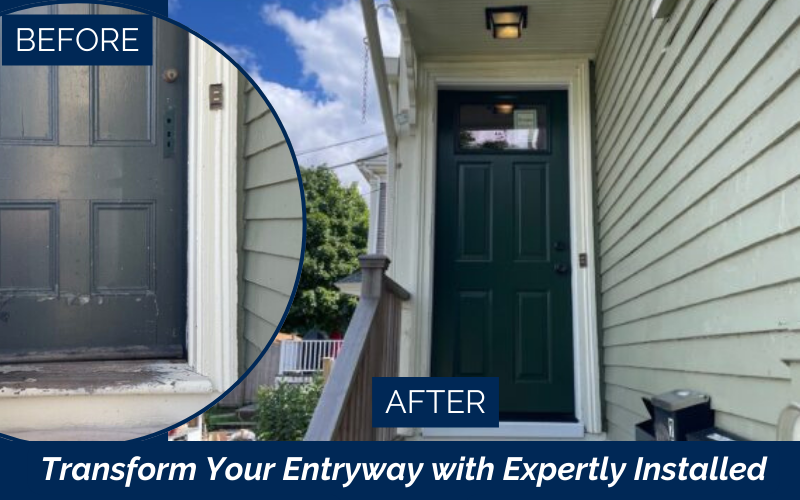 Front door replacement in Beverly, MA by Coastal Windows & Exteriors featuring a ProVia Legacy steel door in Evergreen with Aged Bronze hardware—improving insulation, sealing, and curb appeal.