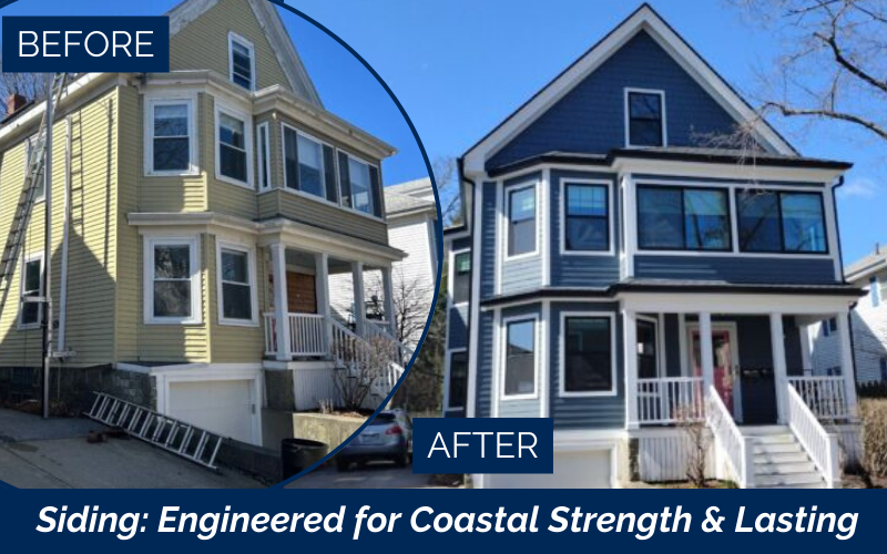 Evening Blue James Hardie fiber cement siding (7″ shake in the front gable and 6¼″ cedarmill plank elsewhere) with Arctic White trim installed in Beverly, MA by Coastal Windows & Exteriors—upgrading coastal durability, contrast, and long-term protection.
