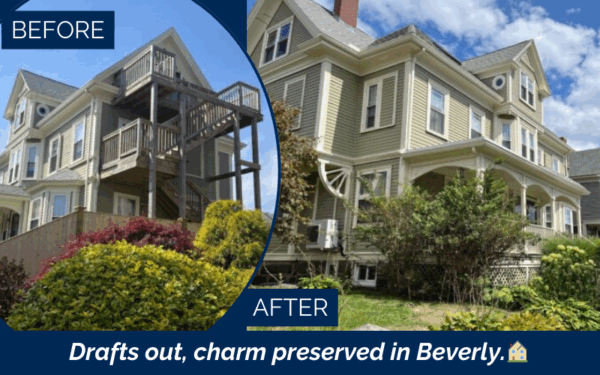 Before and after window replacement in Beverly MA Victorian home with Vytex Potomac HP triple-pane windows
