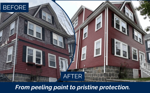 Before and after vinyl siding installation in Boston, MA — house transformed with Market Square Lighthouse Red vinyl siding and foam insulation
