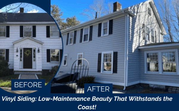 Premium Craneboard T-6 vinyl siding in Driftwood installed on a seaside home in Hampton, NH by Coastal Windows & Exteriors—replacing warped, discolored wood shingles for lasting low maintenance and coastal durability.