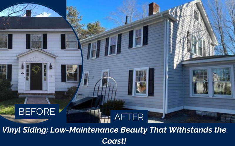 Premium Craneboard T-6 vinyl siding in Driftwood installed on a seaside home in Hampton, NH by Coastal Windows & Exteriors—replacing warped, discolored wood shingles for lasting low maintenance and coastal durability.