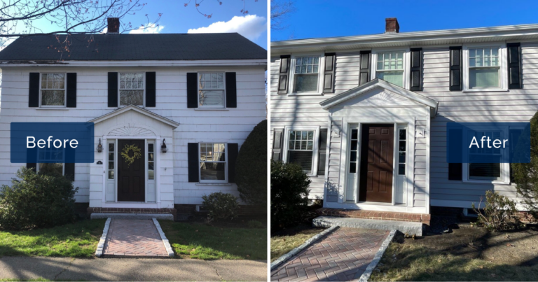 Weathered, painted wood shingles on this colonial, left, give way to smooth Driftwood CraneBoard siding, crisp white trim, and a refreshed portico, right. The split view shows the coastal curb appeal of a vinyl siding installation in Hampton NH.
