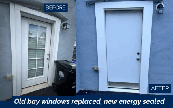 Before and after entry door installation in Malden MA showing new snow-mist white Legacy steel door