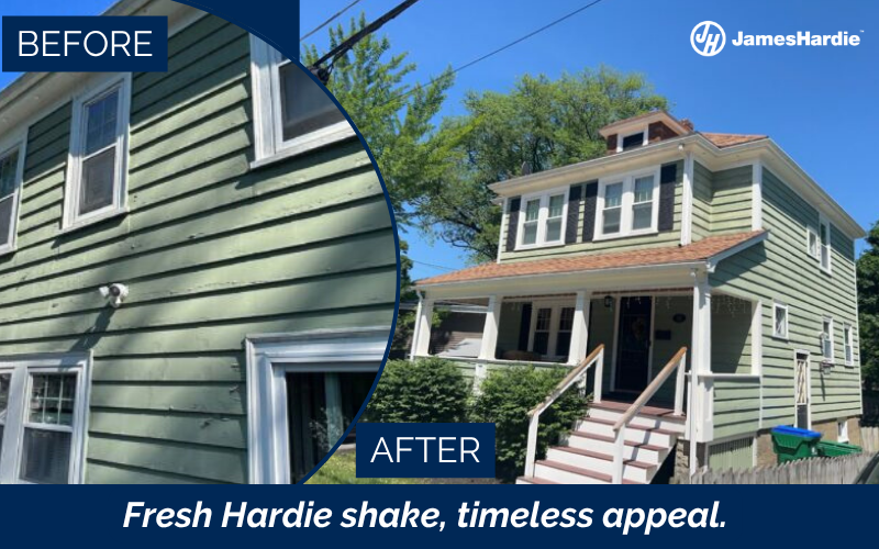 Before and after James Hardie siding installation on a Medford, MA home with Mountain Sage siding and Arctic White trim