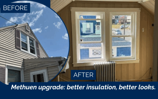 Before and after window installation in Methuen MA showing upgraded Potomac HP windows on the upstairs facade