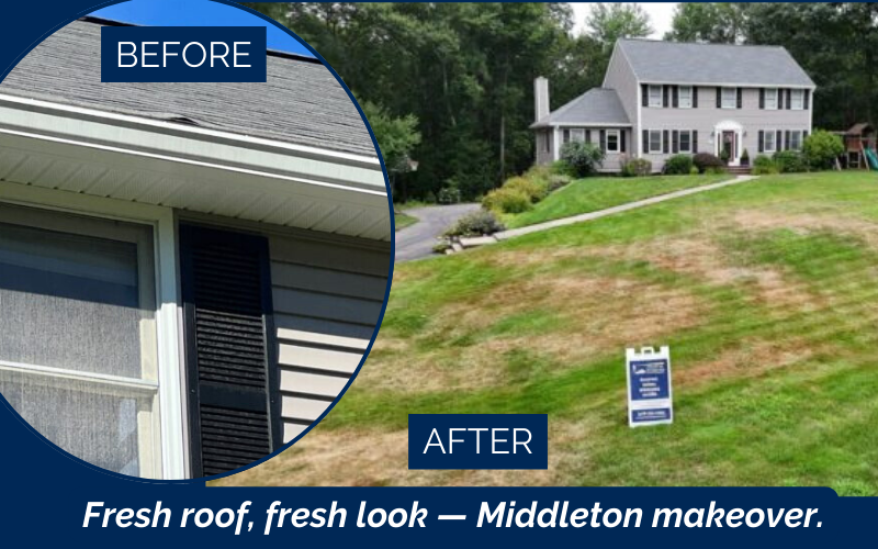 Home in Middleton MA after a six-layer GAF Timberline HD-Z roof installation in Pewter Grey by Coastal Windows & Exteriors