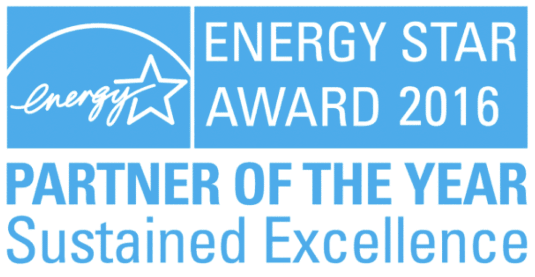 Blue and white graphic of the Energy Star Award 2016, celebrating excellence in efficiency. Text reads: Energy Star Award 2016. Partner of the Year. Sustained Excellence. A star shines next to Energy, highlighting Windows that earned this honor for sustainable innovation.