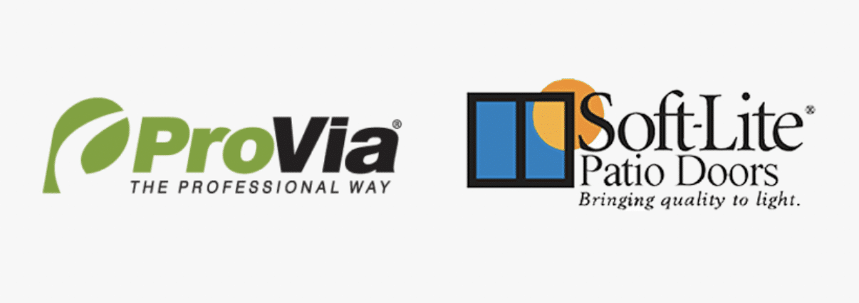 Logos of ProVia and SoftLite. ProVias logo, infused with green, announces The Professional Way. SoftLites emblem features window panes alongside the text Patio Doors and Bringing quality to light. These designs illuminate their commitment to windows and quality communication.
