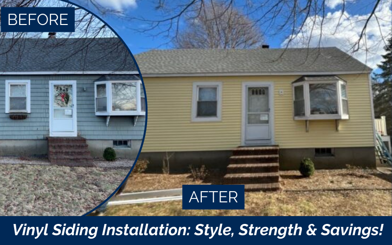 Vinyl siding installation in Beverly, MA by Coastal Windows & Exteriors—CertainTeed MainStreet D4 in Autumn Yellow replacing old cedar shingle siding for improved durability and appearance.