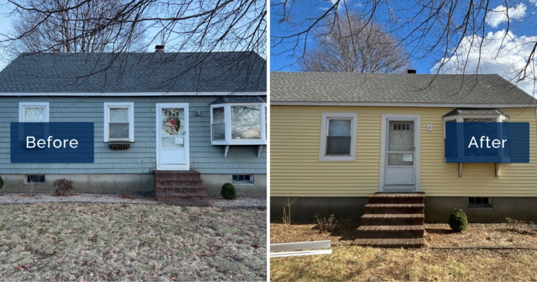 Faded blue-gray cedar shingles on this Cape-style home, left, give way to warm Autumn Yellow CertainTeed MainStreet lap siding with white trim, right. The split view shows the welcoming curb appeal of a vinyl siding installation in Beverly MA.