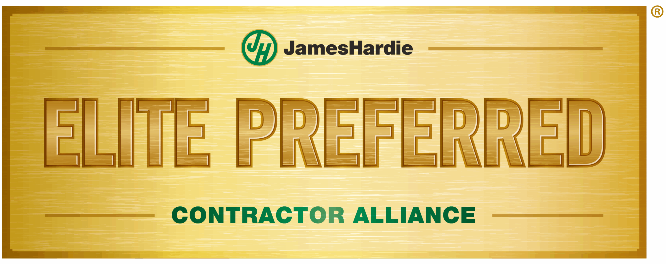 Gold plaque showcasing the James Hardie logo and text: JamesHardie ELITE PREFERRED CONTRACTOR ALLIANCE, recognizing top siding professionals in the James Hardie Siding network.