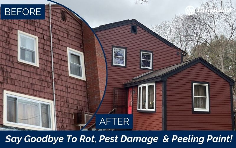 A side-by-side comparison of a house exterior labeled Before and After; the Before shows faded, peeling brown paint, while the After reveals smooth, freshly painted dark red siding by an expert siding contractor. Text: Say Goodbye To Rot, Pest Damage & Peeling Paint!.