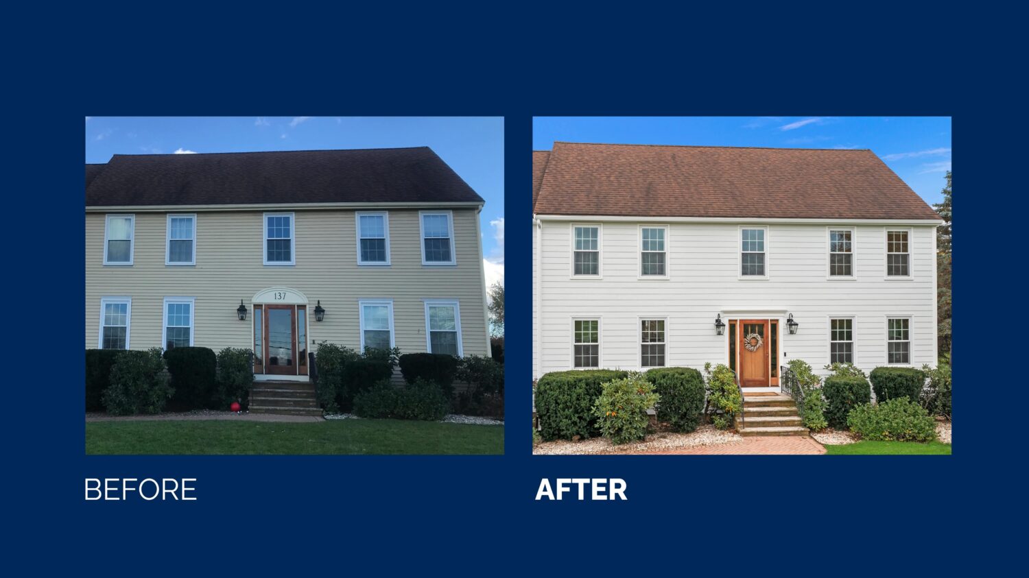 Side-by-side comparison of a house before and after renovations; the left shows yellow siding, while the right shows the house with fresh white siding and updated landscaping.