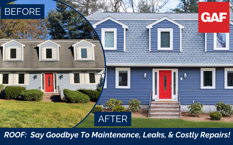 before and after photo of a new emergency roof leak fix