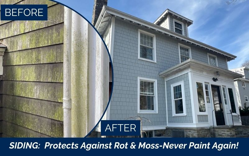 Before and after of moss-covered wood siding replaced with gray vinyl shake siding—rot-resistant and never needs painting.