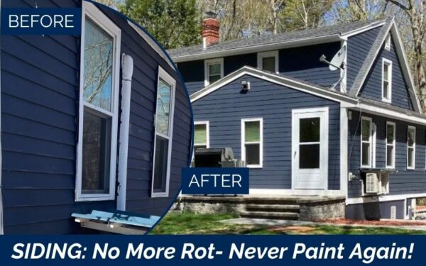 A before-and-after comparison of house siding: the before shows worn blue siding, while the after displays fresh James Hardie siding on a Kingston NH home. Text reads, “SIDING: No More Rot - Never Paint Again!”.