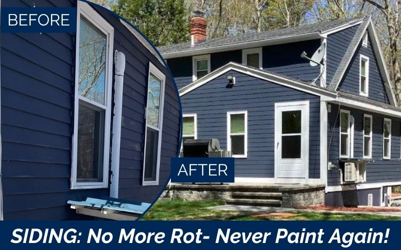 A before-and-after comparison of house siding: the before shows worn blue siding, while the after displays fresh James Hardie siding on a Kingston NH home. Text reads, “SIDING: No More Rot - Never Paint Again!”.
