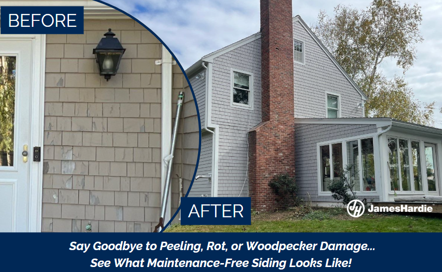 Before and after of wood siding replaced with James Hardie fiber cement siding—low-maintenance, pest- and rot-resistant. Never paint your home again.