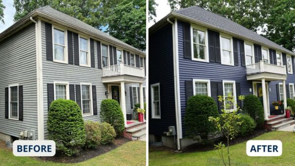 Side-by-side images of a two-story house; the left shows light gray siding labeled Before, and the right shows dark blue siding labeled After—highlighted in Norwood Town News Features: Small Business Administrations Recognition of a local renovation leader.
