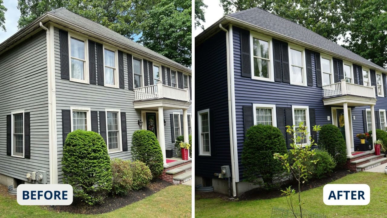 Side-by-side images of a two-story house; the left shows light gray siding labeled Before, and the right shows dark blue siding labeled After—highlighted in Norwood Town News Features: Small Business Administrations Recognition of a local renovation leader.