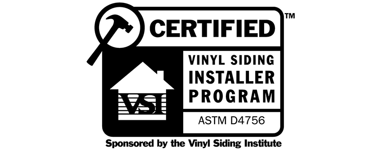 Certified Vinyl Siding Installer Program logo features a hammer icon, house graphic labeled VSI, ASTM D4756 code, and text noting sponsorship by the Vinyl Siding Institute—ideal for PPC ads or those comparing siding options like James Hardie siding.
