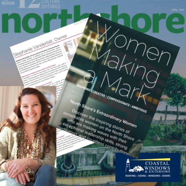 A magazine cover features the headline Women Making a Mark with a smiling woman sitting casually in the bottom left corner. The Coastal Windows & Exteriors logo, known among the best Franklin home improvement companies, appears in the bottom right.