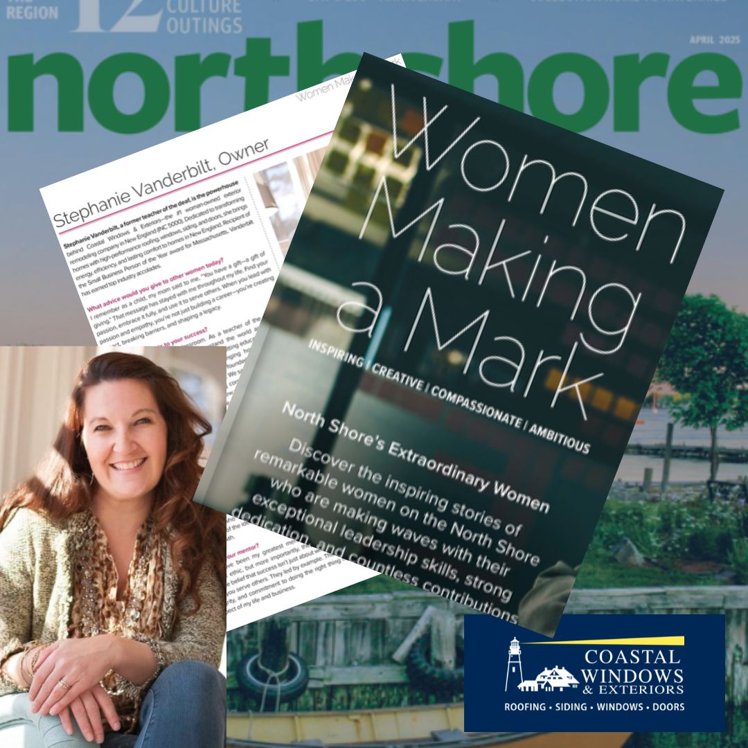 A magazine cover features the headline Women Making a Mark with a smiling woman sitting casually in the bottom left corner. The Coastal Windows & Exteriors logo, known among the best Franklin home improvement companies, appears in the bottom right.