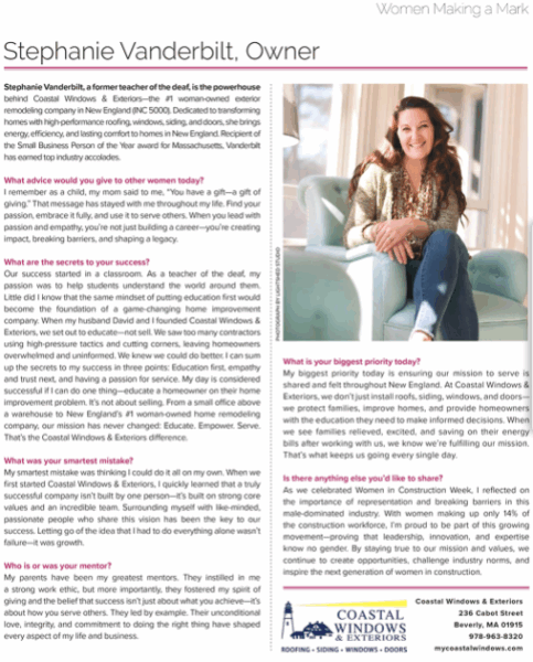 A magazine feature about Stephanie Vanderbilt, owner of Coastal Windows & Exteriors—one of the best Hopedale home improvement companies—includes her photo, interview responses on empowering women, leadership advice, and a company ad with contact details.