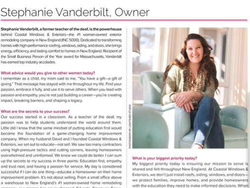A magazine feature about Stephanie Vanderbilt, owner of Coastal Windows & Exteriors—one of the best Hopedale home improvement companies—includes her photo, interview responses on empowering women, leadership advice, and a company ad with contact details.