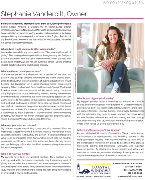 A magazine feature about Stephanie Vanderbilt, owner of Coastal Windows & Exteriors—one of the best Hopedale home improvement companies—includes her photo, interview responses on empowering women, leadership advice, and a company ad with contact details.