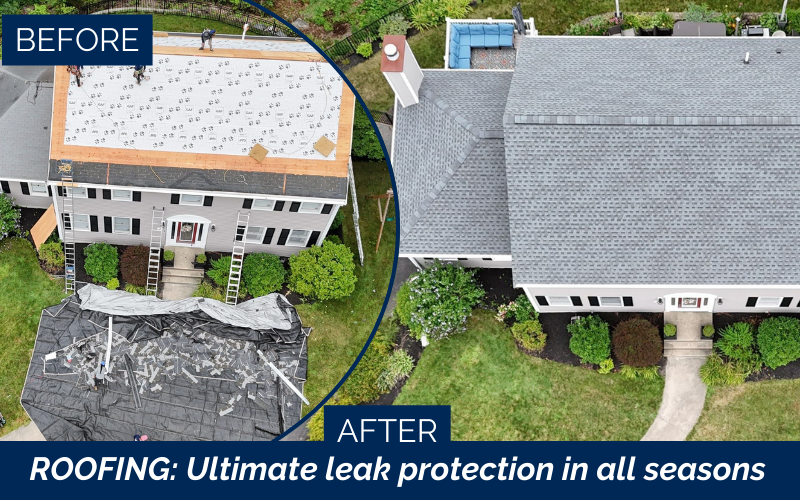 Before-and-after aerial view showing a completed roof repair project that provides superior leak protection and durability.