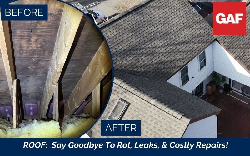 Before-and-after roof repair showing structural damage resolved with a professionally installed roofing system.