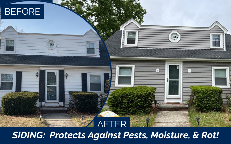 Home with aging siding being evaluated using a siding inspection checklist to identify insulation and exterior performance issues.