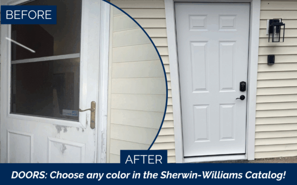 Split image shows a worn white door with brass handle labeled Before, and a new smooth gray door with keypad lock labeled After. Text reads: DOORS: Door Installation in Holbrook MA—choose any color in the Sherwin-Williams Catalog!.
