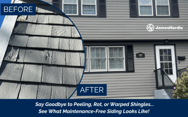 A before and after comparison image highlights a James Hardie Siding Project in Weymouth MA, showing weathered, peeling shingles on the left and sleek, modern gray siding on the right, promoting maintenance-free home exteriors.