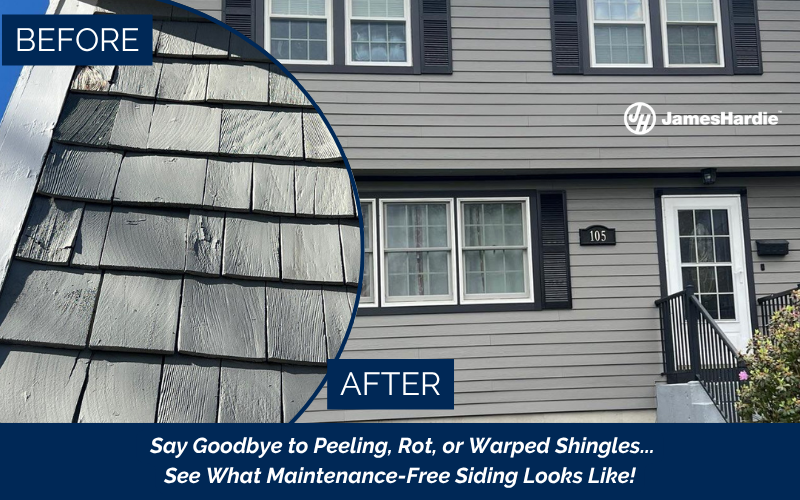 A before and after comparison image highlights a James Hardie Siding Project in Weymouth MA, showing weathered, peeling shingles on the left and sleek, modern gray siding on the right, promoting maintenance-free home exteriors.
