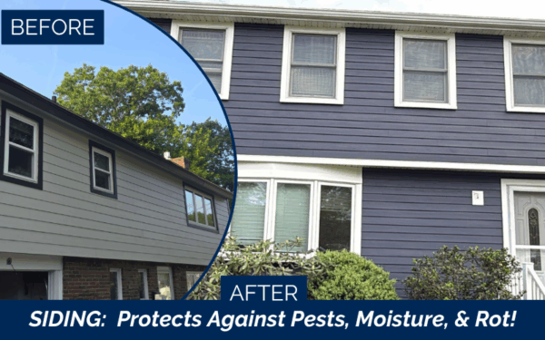 Split-image shows a house before and after new siding; the before side has old light gray siding, while the after side features fresh blue siding with white trim by a James Hardie Installer in Holliston MA. Text highlights siding’s protection benefits.
