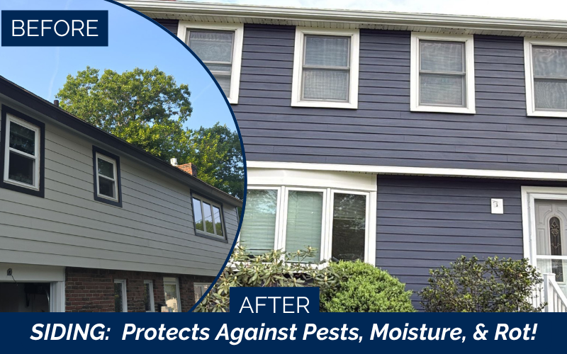 Split-image shows a house before and after new siding; the before side has old light gray siding, while the after side features fresh blue siding with white trim by a James Hardie Installer in Holliston MA. Text highlights siding’s protection benefits.