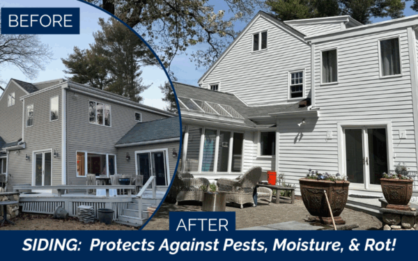 Before and after photos of a James Hardie Siding project in Kingston NH show old siding on the left and new gray siding on the right. Text reads, SIDING: Protects Against Pests, Moisture, & Rot!.