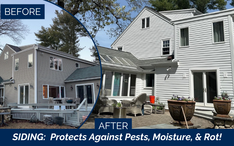 Before and after photos of a James Hardie Siding project in Kingston NH show old siding on the left and new gray siding on the right. Text reads, SIDING: Protects Against Pests, Moisture, & Rot!.