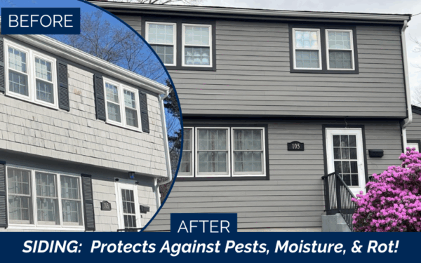 Before and after comparison of a James Hardie Siding Project in Kingston NH: the left shows old, light-colored siding; the right features new, darker gray siding with improved protection against pests, moisture, and rot.