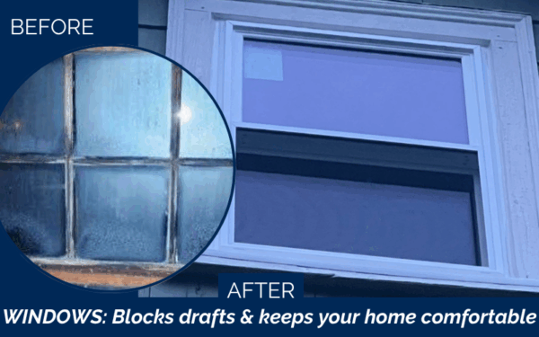 A before image shows an old, foggy window with condensation. The after image, from a Windows Installation in Beverly MA, shows a new, clear window in a white frame. Text reads: WINDOWS: Blocks drafts & keeps your home comfortable.