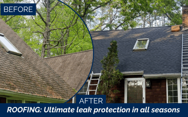 Asphalt roof replacement in charcoal before and after in Gilmanton NH, Lakes Region, Belknap County