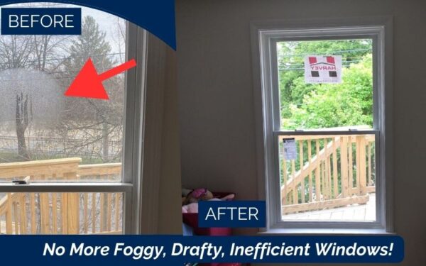Before-and-after Harvey window replacement in Ipswich MA, Essex County, showing upgrade from foggy, drafty glass to new energy-efficient double-hung windows.