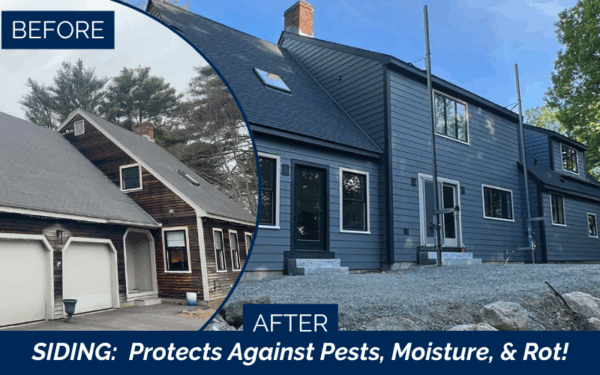 Split image showing a house before and after new siding installation. The before side has old, dark wood siding; the after side features modern gray from a James Hardie Installer in Hamilton MA. Text reads: SIDING: Protects Against Pests, Moisture, & Rot!.