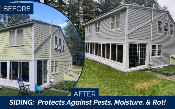 Side-by-side photos show a house before and after new siding installation by a James Hardie Installer in Georgetown MA. The before side has worn yellow siding; the after features fresh gray siding. Text reads: SIDING: Protects Against Pests, Moisture, & Rot!.