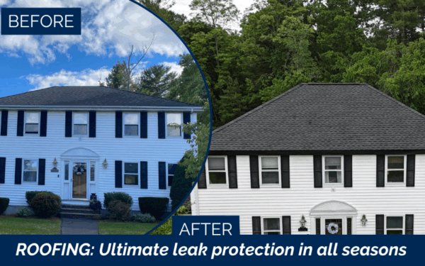 Side-by-side comparison of a white two-story house before and after a new roof installation by a Roofing Contractor in Billerica MA, highlighting improved shingles. Text reads: ROOFING: Ultimate leak protection in all seasons.