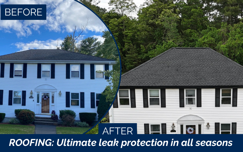 Side-by-side comparison of a white two-story house before and after a new roof installation by a Roofing Contractor in Billerica MA, highlighting improved shingles. Text reads: ROOFING: Ultimate leak protection in all seasons.