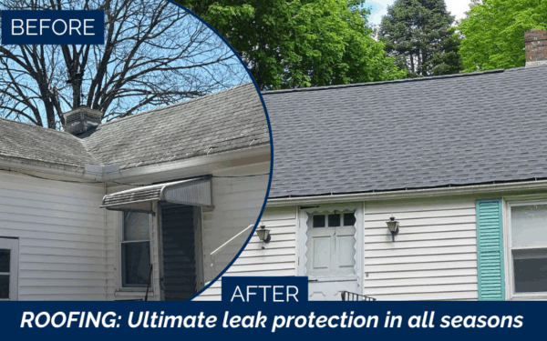 A before-and-after image shows an old, worn roof compared to a newly installed, clean roof on a white house. Text reads: Roofing Contractor in Sterling MA—ultimate leak protection in all seasons.